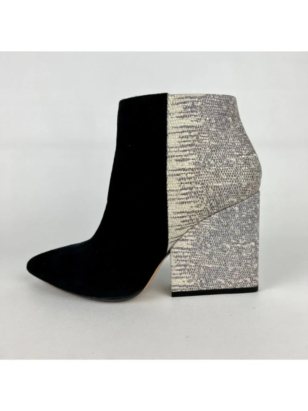 Loeffler Randall Lia Black Ivory Suede Snake Print Block Heel Bootie 6